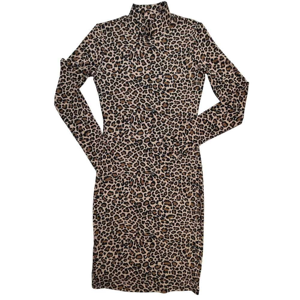 Bardot Leopard Print Bodycon Mini Dress XS US 4 Mock Neck Long Sleeve Stretch